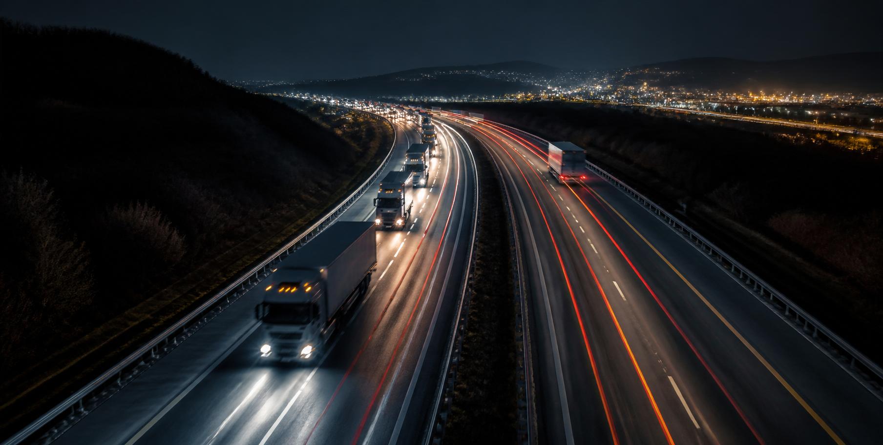Frota ABALOG em rodovia noturna com rastreamento ativo