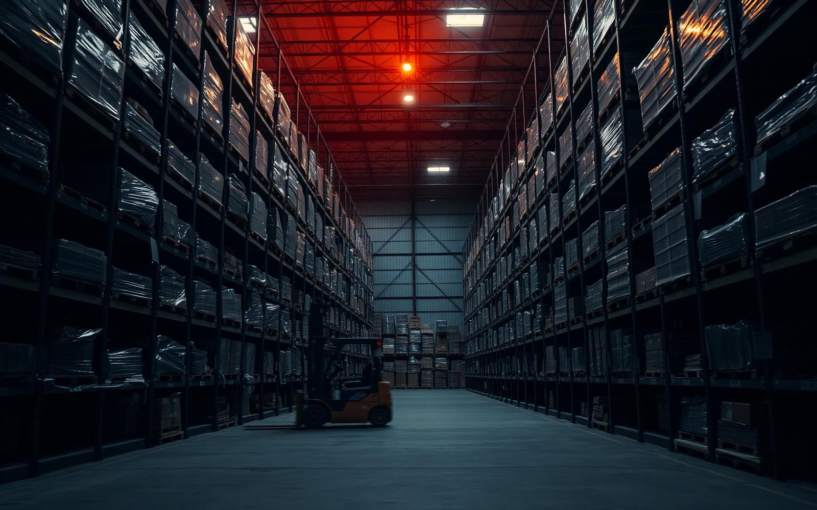 Interior do armazém ABALOG com pallets organizados e empilhadeira em operação